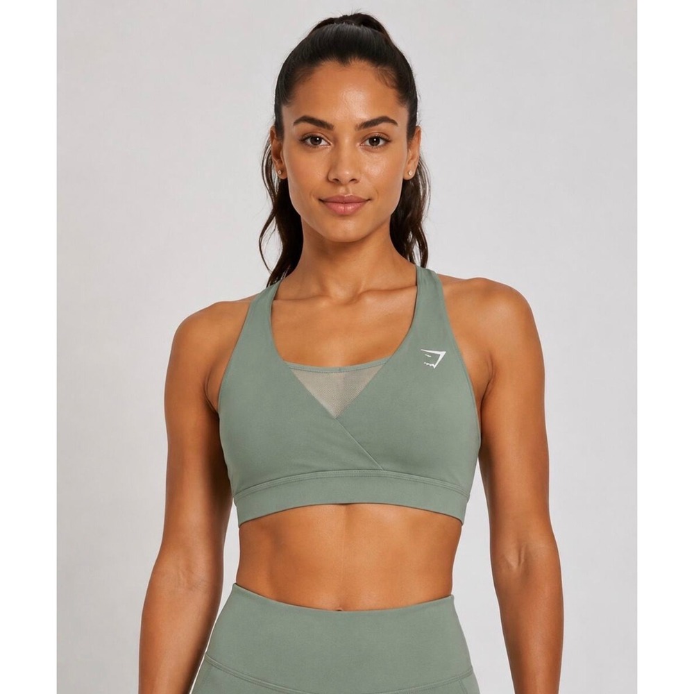 Gymshark Sports Bra Mesh Layered Wrap Front Size M Sage Green Women's